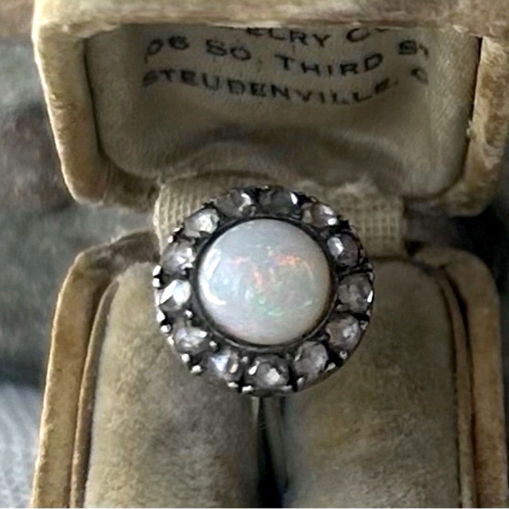 Antique 18ct and Plat Rose-Cut Diamond Halo + Opal Ring